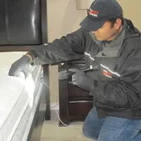 Bed bug inspection technician checking a mattress and bed frame for signs of infestation in Arvada, CO
