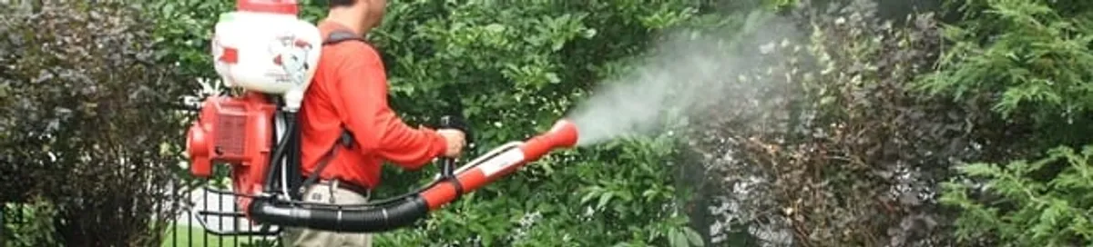 Mosquito control technician fogging shrubs and landscaping for mosquito treatment in Arvada, CO